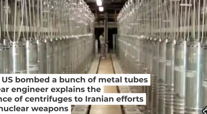 An image from Iranian television shows centrifuges lining a hall at Iran’s Natanz uranium enrichment facility in 2021. IRIB via APPEAR